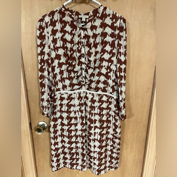 BURBERRY BRIT- 100% Silk Brown And Beige hounds tooth Knee Length Shirt dress - Picture 2 of 6